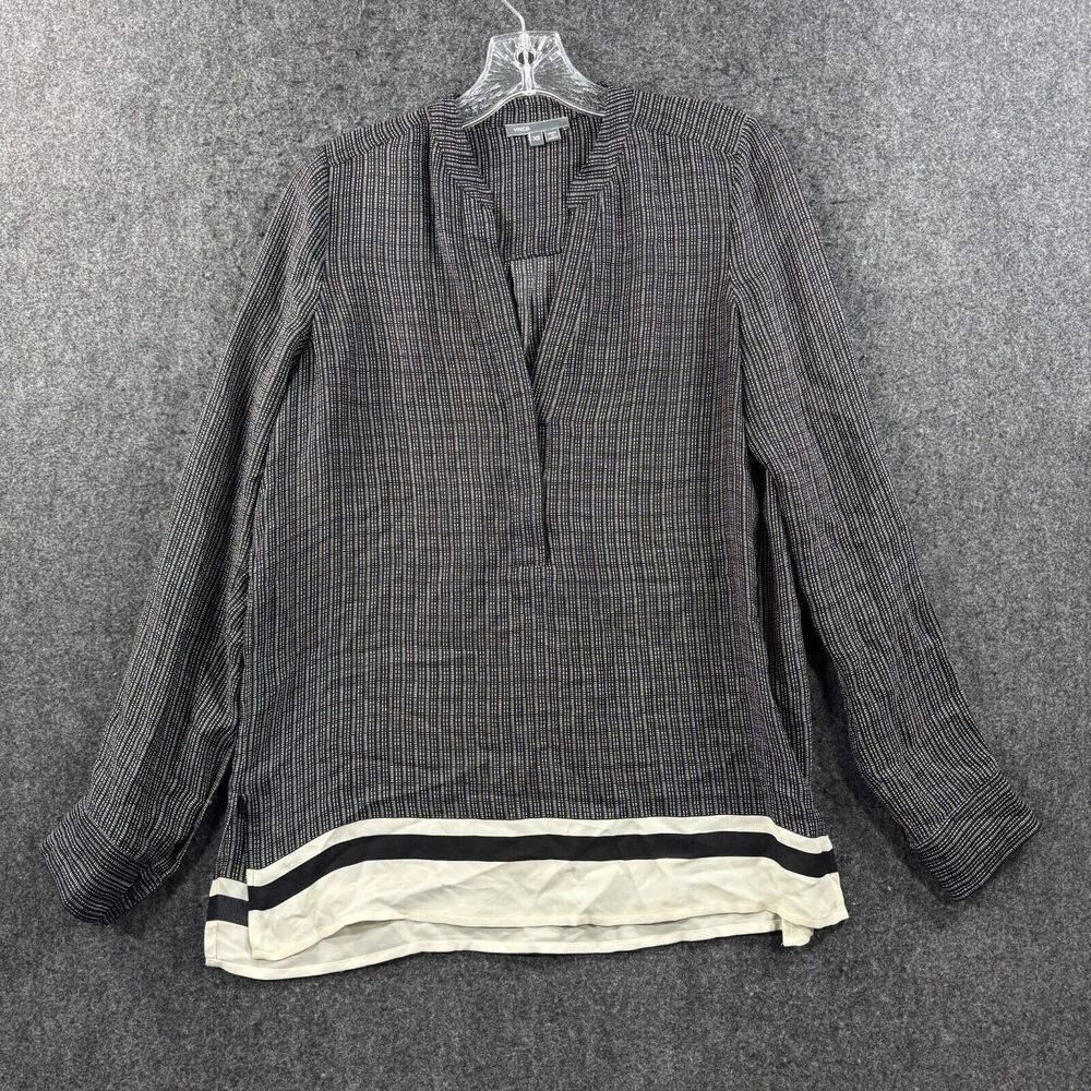 Vince Blouse Women's Extra Small Black White Geometric 100% Silk V-Neck Relaxed